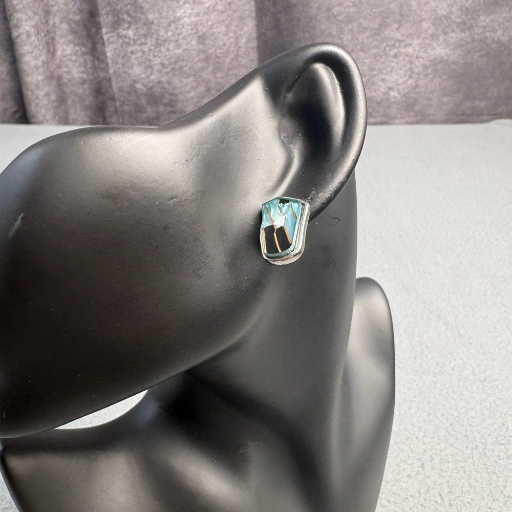 Teal Black Gold Kintsugi Style Mosaic Stud Earrings Silver Tone Geometric Post - Picture 2 of 7